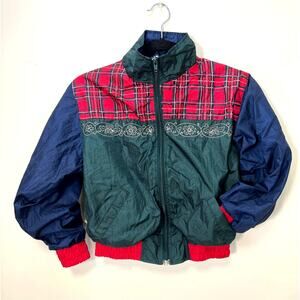 Jordache Jacket Girls 10/12 Red Plaid Green Blue Colorblock Embroidered Vtg 80s